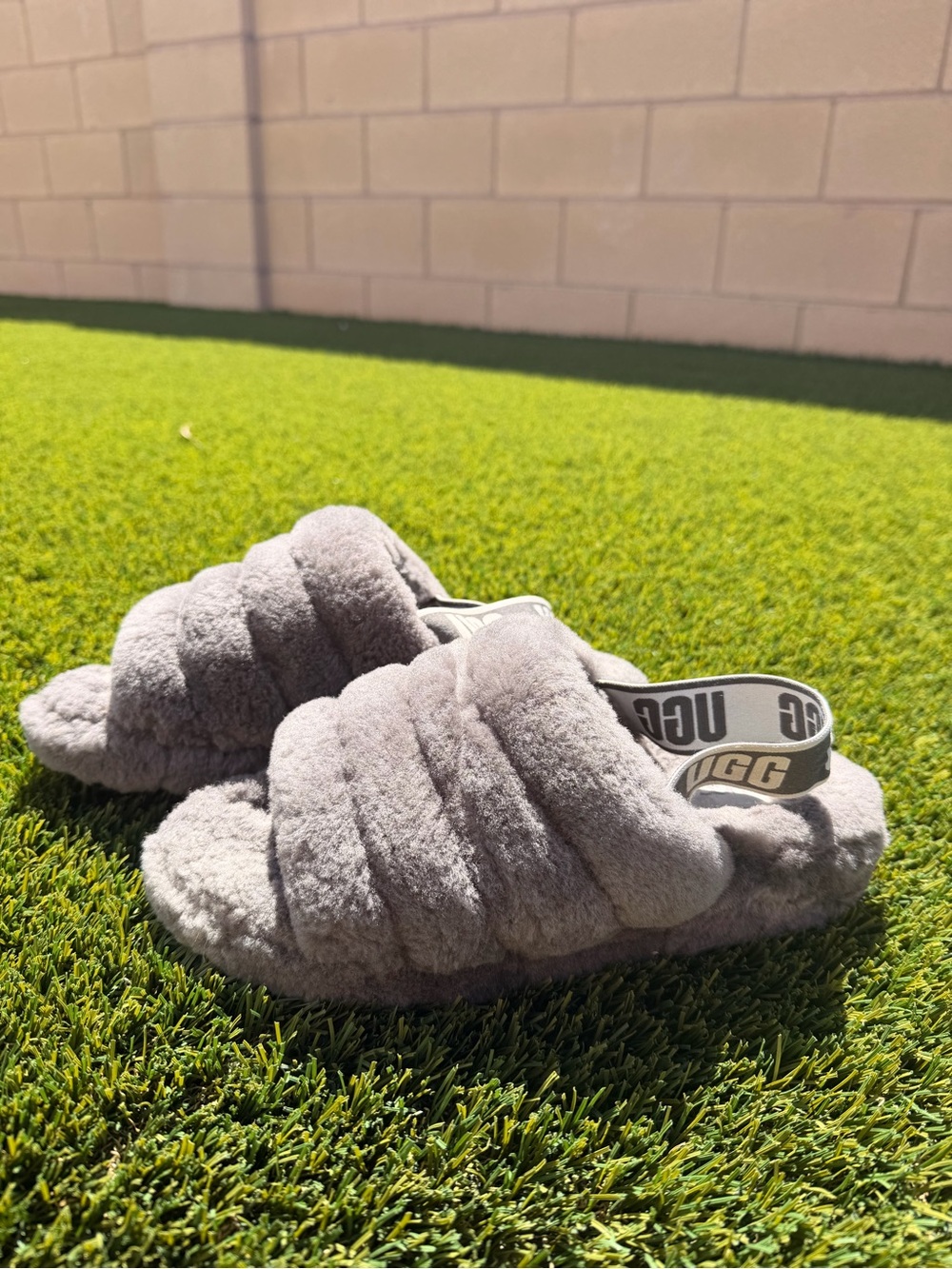 UGG Gray Plush Slide with Branded Elastic Backstrap